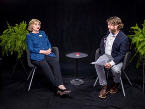 In this undated image released by FunnyorDie.com, Democratic presidential candidate Hillary Clinton, left, appears with actor-comedian Zach Galifianakis during an appearance for the online comedy series, "Between Two Ferns." (FunnyorDie.com via AP)