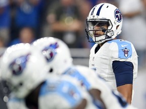 Marcus Mariota of the Tennessee Titans anticipates a play during a game against the Detroit Lions at Ford Field on September 18. (Stacy Revere/Getty Images)