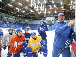 Sudbury Wolves head coach Dave Matsos gives instructions to his team during practice in Sudbury, Ont. on Thursday September 22, 2016. Gino Donato/Sudbury Star/Postmedia Network