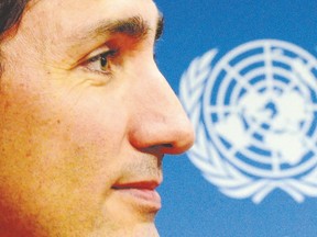 Prime Minister Justin Trudeau holds a press conference at the 71st session of the UN General Assembly at the United Nations headquarters in New York on Tuesday. (Sean Kilpatrick/The Canadian Press)