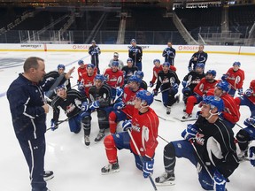 Edmonton Oil Kings head coach Steve Hamilton, left, runs a practice at Rogers Place in Edmonton, Alberta on Thursday, September 15, 2016. The Oil Kings open their season Friday the first game of a home-and-home series against the Red Deer Rebels. They'll host the Rebels on Saturday in the first hockey game at Rogers Place.