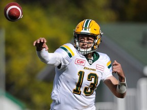 Edmonton Eskimos quarterback Mike Reilly passes the ball during first half CFL action against the Saskatchewan Roughriders, in Regina on Sunday, September 18, 2016.