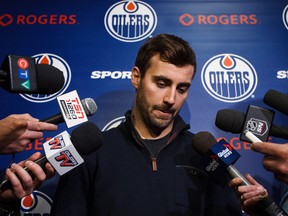 Edmonton Oilers forward Jordan Eberle speaks to reporters during the Edmonton Oilers' end-of-the-year press conference in Edmonton, Alta., on Sunday, April 10, 2016.