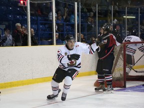 Ethan DuPont celebrates after scoring the first of his two goals Thursday as the Sarnia Legionnaires knocked off the Lambton Shores Predators 5-4 in overtime. DuPont also had an assist on the evening. (Submitted photo by Anne Tigwell)