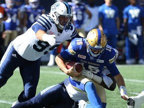 Argonauts DL Shawn Lemon (left) is more focused on winning games than tweeting these days. (Kevin King/Postmedia Network)