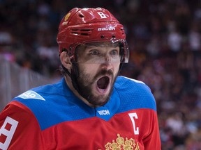 Team Russia's Alex Ovechkin reacts as he celebrates a teammate's goal against Team Finland during World Cup of Hockey action in Toronto on Sept. 22, 2016. (THE CANADIAN PRESS)