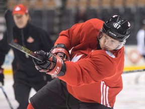 Team Canada's Sidney Crosby takes a shot at goal during practice at the World Cup of Hockey in Toronto on Sept. 23, 2016. (THE CANADIAN PRESS/Chris Young)