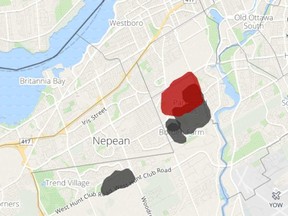 The confirmed blackout area in red. HYDRO OTTAWA