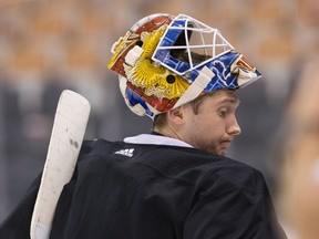 Team Russia goaltender Sergei Bobrovsky, of Columbus Blue Jackets, attends a practice at the World Cup of Hockey in Toronto on Sept. 23, 2016. (THE CANADIAN PRESS/Chris Young)