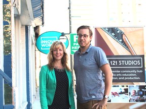 Michelle Baldwin, executive director of Pillar Nonprofit Network (left) and Titus Ferguson, executive director of UnLondon Digital Media Association on King Street in London Ont. (Photo submitted)