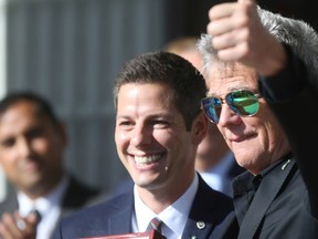 Winnipeg Mayor Brian Bowman (left) stands with David Foster, at City Hall, in Winnipeg. Bowman gave Foster the key to the city.
Friday, September 23, 2016.