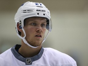 Forward Nikolaj Ehlers listens in as the Winnipeg Jets broke training camp at MTS Iceplex in Headingley, Man., on Fri., Sept. 23, 2016. Kevin King/Winnipeg Sun/Postmedia Network