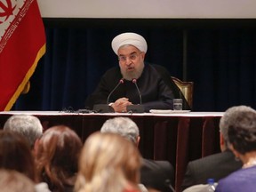 Iran's President Hassan Rouhani speaks during a news conference, after addressing the 71st session of the U.N. General Assembly, Thursday Sept. 22, 2016, in New York. (AP Photo/Bebeto Matthews)