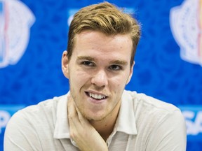 Team North America's Connor McDavid speaks during the World Cup of Hockey media availability in Toronto, Thursday September 22, 2016.