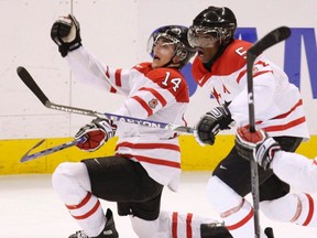 Team Canada's Jordan Eberle (left) celebrates his tying goal with teammate defenceman P.K. Subban against Team Russia during third period semifinal action at the world junior hockey championship in Ottawa on Jan. 3, 2009. (Tom Hanson/The Canadian Press/Files)