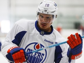 Edmonton's Nail Yakupov (10) is seen during an Edmonton Oilers practice at Leduc Recreation Centre in Leduc, Alta., on Friday April 8, 2016.