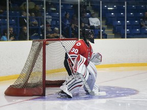 Sarnia Legionnaires goalie Jorgen Johnson was solid in net Friday as the Legion crew defeated the St. Marys Lincolns 3-2 in the Stone Town. It was Sarnia's third straight win in the Western Ontario Hockey Conference. (ANNE TIGWELL photo)