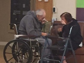 Wolfram Gottschalk, 83, and his wife Anita, 81, cry upon seeing each other in Yale Road Centre in Surrey, B.C., in this recent handout photo. The couple have been married for 62 years but are now living in separate care homes. (THE CANADIAN PRESS/HO - Ashley Bartyik)