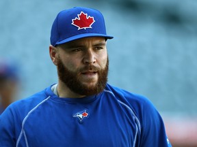 Russell Martin #55 of the Toronto Blue Jays looks on during batting practice prior to a game against the Los Angeles Angels of Anaheim at Angel Stadium of Anaheim on September 17, 2016 in Anaheim, California.  (Photo by Sean M. Haffey/Getty Images)