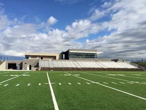 The new Emerald Hills Sports Pavilion turf field and stands.