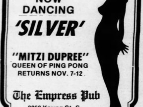 Ad for a Chilliwack bar that featured the infamous Mitzi Dupree circa 1983.