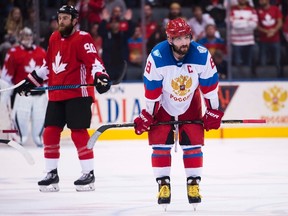 Team Russia forward Alex Ovechkin (8) looks on in the final seconds of the game as team Canada defeated Russia during third period semifinal World Cup of Hockey action in Toronto on Saturday, September 24, 2016. THE CANADIAN PRESS/Nathan Denette