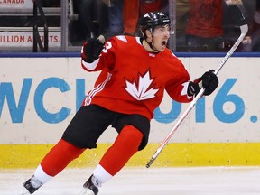 Brad Marchand #63 of Team Canada reacts after scoring a third period goal against Team Russia at the semifinal game during the World Cup of Hockey tournament at Air Canada Centre on September 24, 2016 in Toronto, Canada. (Photo by Bruce Bennett/Getty Images)