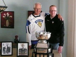 Courtesy Michael Sandblom 
Taken in Florida, the pictures includes Michael Sandblom (in hockey sweater) and Pasi Mennander, editor of the Leijonat Hockey Magazine. Also in the picture is the 1950 picture of Edwin Sandblom and the Canada Bowl taken at Sampo Hall in Sudbury and a photo of the Canada Bowl in the year 2013.