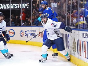 Tomas Tatar of Team Europe celebrates his game winning goal in overtime with Anze Kopitar against Team Sweden at the semifinal game during the World Cup of Hockey tournament at Air Canada Centre on September 25, 2016 in Toronto. (Bruce Bennett/Getty Images)
