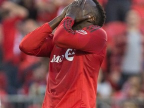 Toronto FC's Jozy Altidore reacts during his team's MLS game against the Philadelphia Union in Toronto on Sept. 24, 2016. (CHRIS YOUNG/CP)