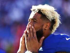Giants receiver Odell Beckham looks on during fourth quarter NFL action against the Redskins at MetLife Stadium  in East Rutherford, N.J., on Sunday, Sept. 25, 2016. (Al Bello/Getty Images)