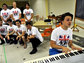 The cast of Calithumpian Theatre’s upcoming production of History Boys during a rehearsal in London Ont. September 15, 2016. Pianist: Stephen Ingram. Back from left to right: RJ Moreau, Alex Bogaert and Ian Badger. Front row from left to right: Tyler Cincurak, Alex Bowman, Ethan Butler and Alexander Johnson. CHRIS MONTANINI\LONDONER\POSTMEDIA NETWORK