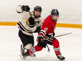 Goderich Flyers forward Trent Mitchie fights Mitchell Hawks forward Derek Elliott for the puck in second period action Sunday. (Darryl Coote/The Goderich Signal Star)