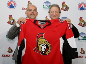 Belleville Mayor Taso Christopher and Ottawa Senators owner Eugene Melnyk pose for a photo op after an event where it was announced the Ottawa Senators are relocating their AHL team to Belleville where they will become the Belleville Senators, at the Quinte Sports and Wellness Centre, Monday September 26, 2016 in Belleville, Ont. 

Emily Mountney-Lessard/Belleville Intelligencer/Postmedia Network