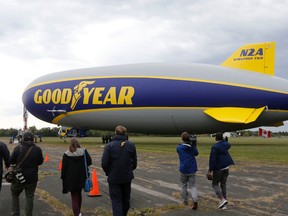 WingFoot Two, the newest Goodyear blimp, is seen at the Oshawa airport where it's housed during its stay in Toronto for the World Cup of Hockey and Jays baseball, on Monday September 26, 2016. (Michael Peake/Toronto Sun)