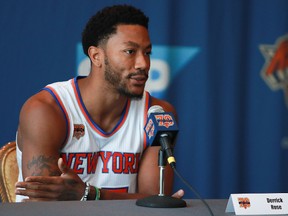 Derrick Rose addresses the media during the New York Knicks Media Day at the Ritz Carlton in White Plains, N.Y., on Monday, Sept. 26, 2016. (Michael Reaves/Getty Images)