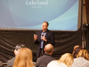 John O'Sullivan, founder of Changing the Game Project, speaks during the first Vermilion Sport and Wellness Symposium, at the Vermilion Stadium, on Saturday, Sept. 24, 2016. Taylor Hermiston/Vermilion Standard/Postmedia Network.