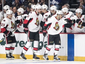 Ottawa Senators' Phil Varone celebrates a goal with teammates during pre-season NHL action against the Toronto Maple Leafs, in Halifax on Sept. 26, 2016. (THE CANADIAN PRESS/Darren Calabrese)