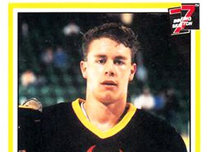 Jake Grimes, now 44, as he appeared in a Belleville Bulls hockey card, somewhere between 1989-92. Grimes was chosen by the Ottawa Senators in the 10th round (217th overall) of their inaugural NHL draft in 1992. (OHL photo)