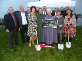 Ernst Kuglin/The Intelligencer
Members of the O’Neil family and fund raising committee members turned the sod Monday evening on the Hugh O’Neil Friendship Garden, located adjacent to the Trenton Port Marina.