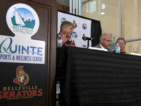 Emily Mountney-Lessard/The Intelligencer
Belleville's director of recreation, culture and community cervices, Mark Fluhrer, Mayor Taso Christopher, Senators owner Eugene Melnyk are shown here during the press conference announcing the Ottawa Senators are relocating their AHL team to Belleville where they will become the Belleville Senators, at the Quinte Sports and Wellness Centre.
