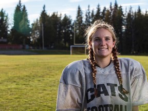 Emma Strydhorst, Grade 12 student at Hilltop High School, had childhood dreams of playing football, and is finally playing on Hilltop’s men’s team. She is #22, wide receiver, and not unfamiliar with the brutality of football, having lots of experience playing rugby.

Hannah Lawson | Whitecourt Star