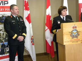 Ernst Kuglin/The Intelligencer
Rear Admiral Jennifer Bennett, Director General Canadian Armed Forces Strategic Response Team on sexual misconduct and Brig. Gen. Robert Delaney, Canadian Forces Provost Marshal and Commandant Canadian Forces Military Police Group, announce the launch of Sexual Offence Response Team Tuesday at CFB Trenton.