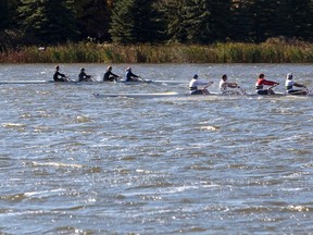 Members of the Lakeland College Rustlers' John OM4X pass members of the Edmonton Rowing Club, during the Head of Vermilion Regatta on Saturday, September 24, 2016, in Vermilion, Alta. John OM4X finished with a time of 0:12:38. Taylor Hermiston/Vermilion Standard/Postmedia Network.