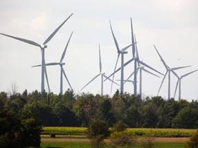 New wind turbine projects will be affected by the Ontario Liberal government canceling their green energy act to save money. Photograph taken on Tuesday September 27, 2016 near Strathroy, Ontario west of London. (MIKE HENSEN, The London Free Press)