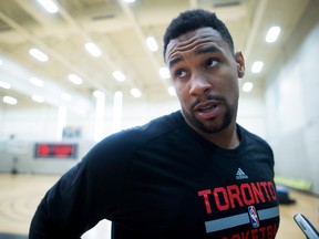 Toronto Raptors' forward Jared Sullinger pauses while taking questions from reporters after the opening day of training camp, in Burnaby, B.C., on Sept. 27, 2016. (THE CANADIAN PRESS/Darryl Dyck)