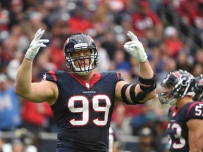 In this Jan. 3, 2016, file photo, Houston Texans defensive end J.J. Watt gestures during the first half of an NFL football game against the Jacksonville Jaguars, in Houston. (AP Photo/Eric Christian Smith, File)