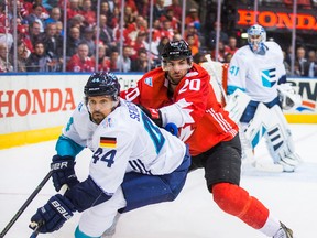 Team Canada's John Tavares and Team Europe's Dennis Seidenberg during Game 1 of the World Cup of Hockey final at the Air Canada Centre in Toronto on Sept. 27, 2016. (Ernest Doroszuk/Toronto Sun/Postmedia Network)