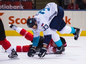 Team Canada's Jonathan Toews and Team Europe's Zdeno Chara in Game 1 of the World Cup of Hockey final at the Air Canada Centre in Toronto on Sept. 27, 2016. (Ernest Doroszuk/Toronto Sun/Postmedia Network)