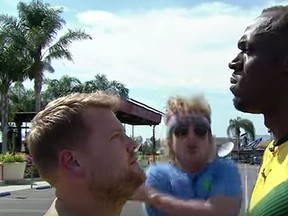 Olympic champ Usain Bolt challenged "The Late Late Show" funnyman James Corden - as well as show staffers, and actor Owen Wilson - to a 100-metre race in the parking lot of a Los Angeles studio. (YouTube screenshot)